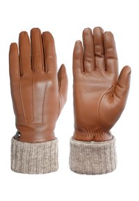 Brune læderhandsker med ribbede beige strikmanchetter, prydet med sømdetaljer og en cirkulær accent på håndleddet. Glat tekstur hele vejen igennem.
