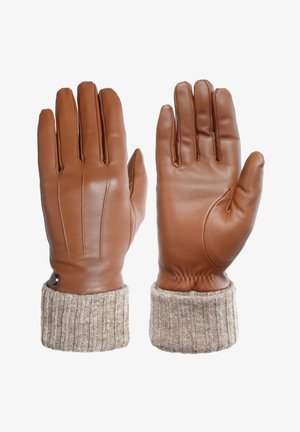 Braune Lederhandschuhe mit gerippten beigen Strickbündchen, die eine Nahtverarbeitung und ein kreisförmiges Detail am Handgelenk aufweisen. Durchgehend glatte Textur.