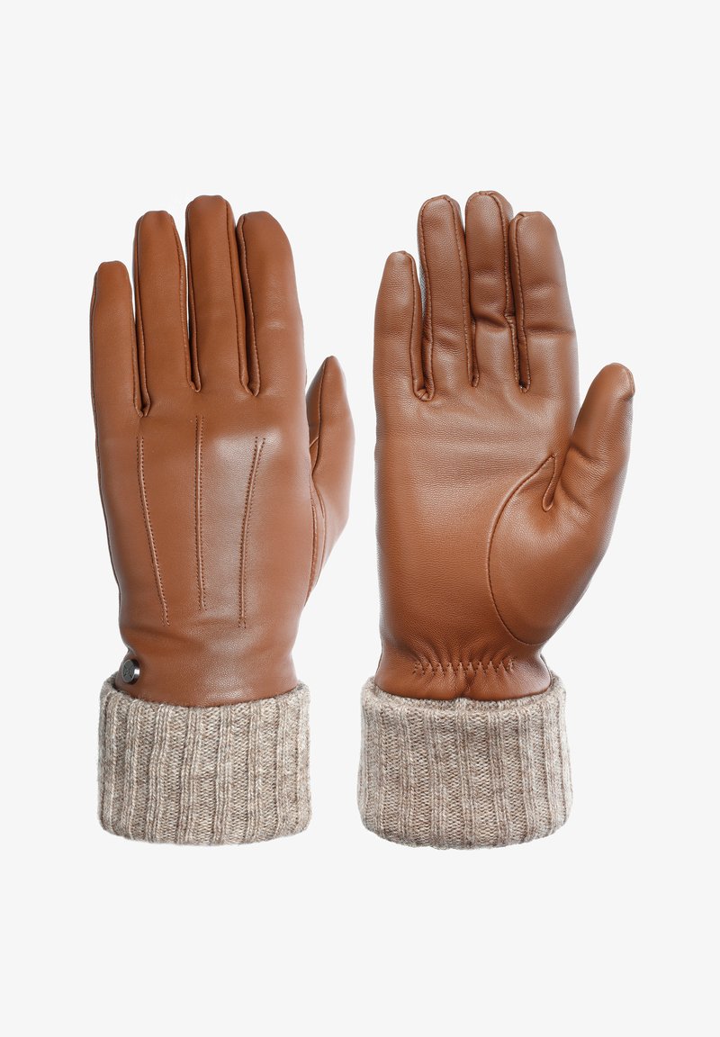 Guanti in pelle marrone con polsini a costine beige, caratterizzati da cuciture decorative e un accento circolare sul polso. Texture liscia in tutto il guanto.