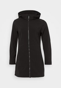 Longue veste noire à capuche avec fermeture éclair devant et manches longues, présentée sur un fond clair uni.