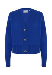 Blauwe gebreide cardigan met een V-hals, ribbelmanschetten en een ribbelzoom, voorzien van vier ronde bruine knopen aan de voorkant. Zachte textuur.