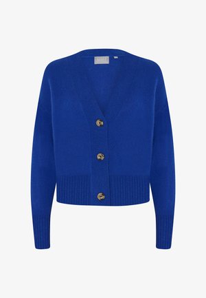 Blauer gestrickter Cardigan mit V-Ausschnitt, geripptem Saum und Manschetten, ausgestattet mit vier runden braunen Knöpfen vorne. Weiche Textur.