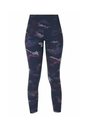 High-waisted nauwsluitende leggings met een donker abstract camouflagepatroon in marineblauwe, paarse en witte tinten.