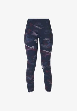 High-waisted nauwsluitende leggings met een donker abstract camouflagepatroon in marineblauwe, paarse en witte tinten.