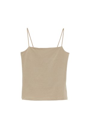 Beżowy, bezrękawnik z cienkimi ramiączkami, wykonany z miękkiego, gładkiego materiału. Posiada prosty dół oraz prosty, nieozdobiony fason.