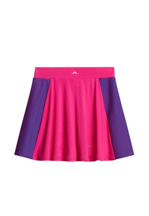 Nederdel med en ensfarvet pink krop og lilla sidepaneler med diagonale striber. Strækbar talje for komfort, designet til aktivt brug.