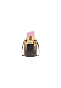 Schwarze und goldene Textur Handtasche mit runder Form, ausgestattet mit einem rosa oberen Teil, einem Reißverschluss und einem goldenen Kettenriemen. Zweifarbige Paneelgestaltung.