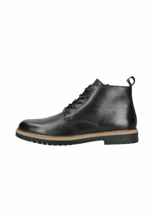 Schwarzer Leder-Knöchelstiefel mit Schnürung vorne, braun vernähter Kante, Gummisohle und Zuglasche hinten.