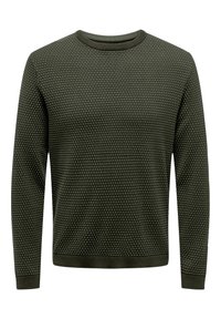 Olivgrüner Strickpullover mit strukturiertem Muster, Rundhals-Ausschnitt und gerippten Bündchen. Klassische Passform und leichtes Material.