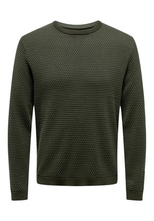 Olive green knitted sweater with a textured pattern, round neckline, and ribbed cuffs. Classic fit and lightweight material.