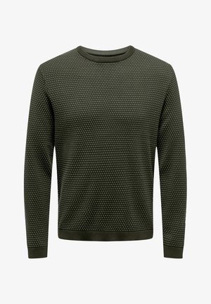 Jersey de punto verde oliva con un patrón texturizado, escote redondo y puños acanalados. Corte clásico y material ligero.