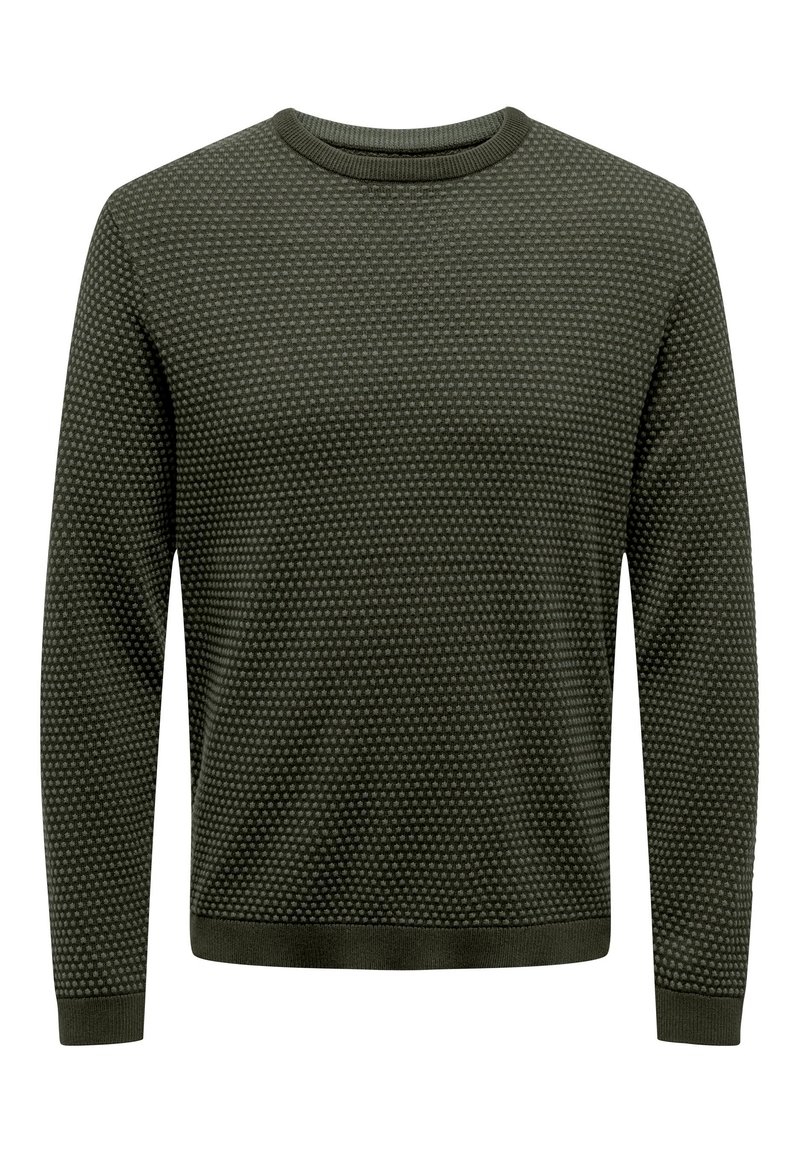 Olivgrüner Strickpullover mit strukturiertem Muster, Rundhals-Ausschnitt und gerippten Bündchen. Klassische Passform und leichtes Material.