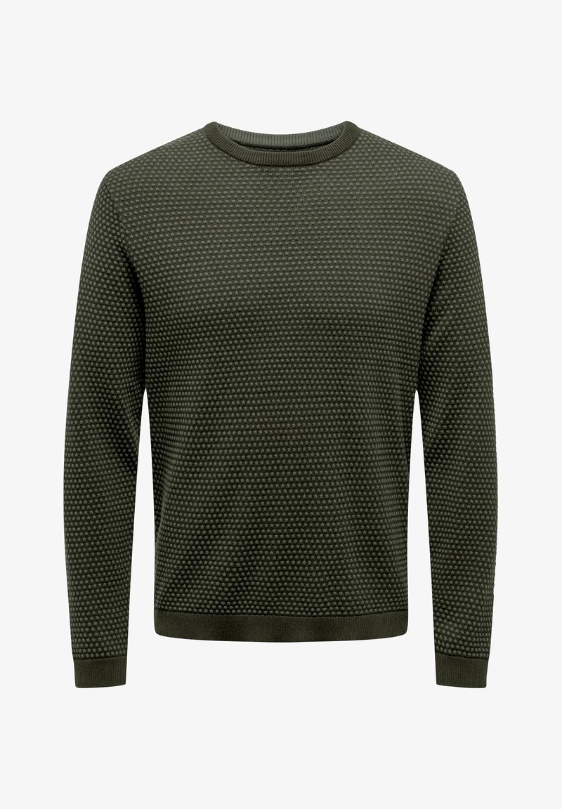 Pull en tricot vert olive avec un motif texturé, col rond et manches à bords côtelés. Coupe classique et matériel léger.