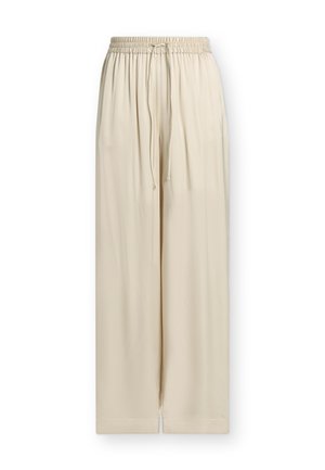 Bézs széles szárú nadrág elasztikus derékpánttal és állítható húzózsinórral, sima, könnyű anyagból, egyenes szegélyekkel.