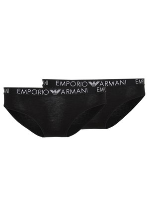 Caleçons en coton noir avec une texture lisse, présentant une bande blanche avec le logo Emporio Armani à la taille. Deux paires exposées côte à côte.