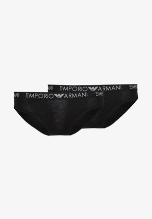 Juodi medvilniniai kelnaitės su vientisa tekstūra, su balta Emporio Armani logotipo juosta juosmens srityje. Du poros pristatytos šalia viena kitos.