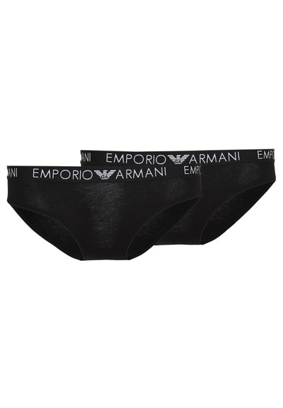 Black cotton briefs with a smooth texture, featuring a white Emporio Armani logo band at the waist. Two pairs displayed side by side.
