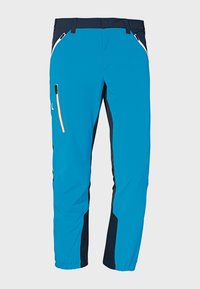 Niebiesko-czarne spodnie outdoorowe z kieszeniami na suwak i elastycznymi mankietami, przeznaczone do aktywnego lub alpejskiego użytku.