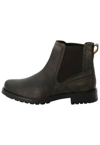 Braune Leder-Stiefelette mit elastischen Seitenpaneelen, runder Zehenpartie und strukturierten Oberfläche. Verfügt über eine Schlaufe zum Anziehen und eine Gummisohle für besseren Halt.