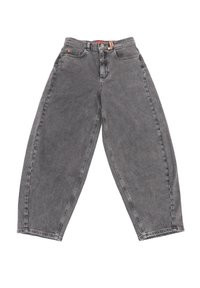 Jeans in denim grigio antracite a vestibilità ampia con chiusura a bottone frontale, zip e design a cinque tasche, disposti piatti su sfondo bianco.