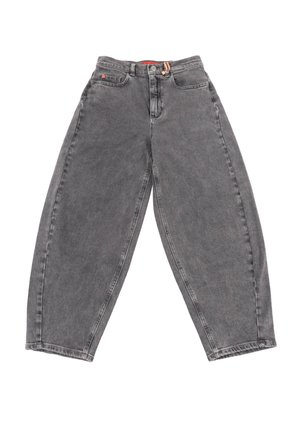 Jeans in denim grigio antracite a vestibilità ampia con chiusura a bottone frontale, zip e design a cinque tasche, disposti piatti su sfondo bianco.