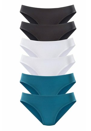 Five pairs of women's briefs: black, white, and teal fabric, smooth texture, hipster cut, no patterns or visible accents.