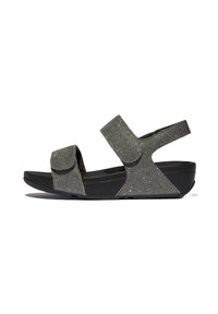 Sandalias negras y grises con dos correas de Velcro ajustables, textura brillante y una base contorneada para mayor comodidad. Diseño ligero.
