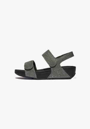 Sandalias negras y grises con dos correas de Velcro ajustables, textura brillante y una base contorneada para mayor comodidad. Diseño ligero.
