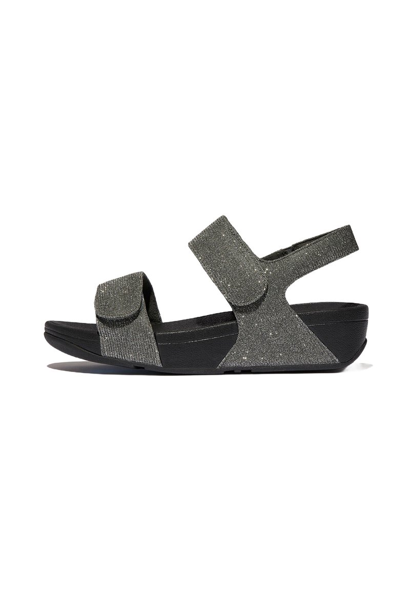 Sandalias negras y grises con dos correas de Velcro ajustables, textura brillante y una base contorneada para mayor comodidad. Diseño ligero.