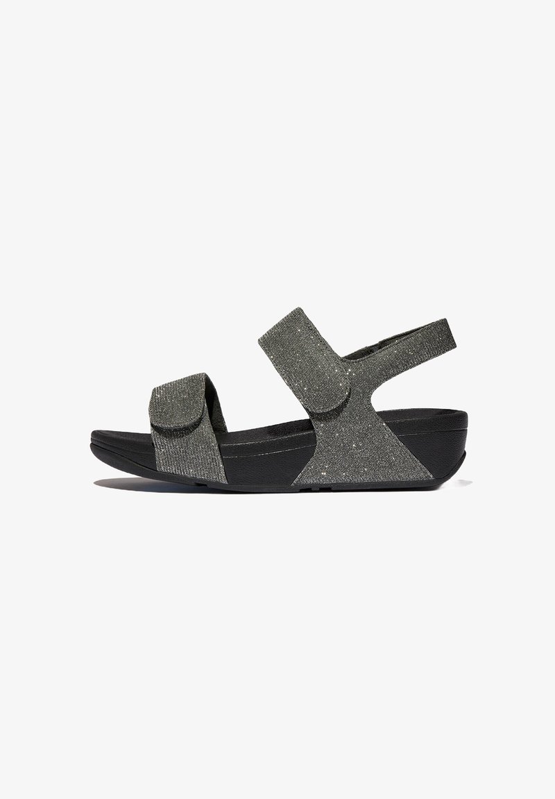 Sandales noires et grises avec deux sangles Velcro réglables, texture pailletée et base ergonomique pour le confort. Design léger.