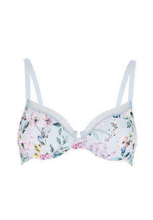Reggiseno a stampa floreale realizzato in morbido tessuto blu chiaro con bordi ondulati, spalline regolabili e chiusura frontale. I motivi includono fiori rosa e viola.