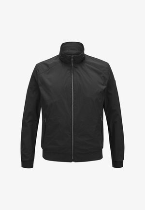 Leichte schwarze Jacke mit hohem Kragen, Frontreißverschluss, seitlichen Reißverschlusstaschen sowie gerippten Bündchen und Saum.