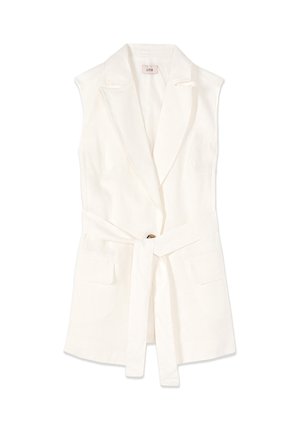 Ärmelloser weißer Blazer mit Reverskragen, einem Bindegürtel, zwei vorderen Klappentaschen und einem Ein-Knopf-Verschluss.