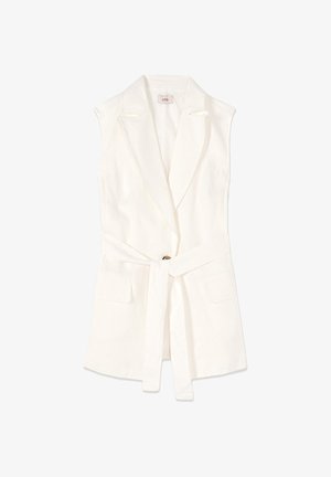Ärmelloser weißer Blazer mit Reverskragen, einem Bindegürtel, zwei vorderen Klappentaschen und einem Ein-Knopf-Verschluss.
