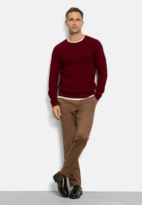 Burgundy crew-neck sweater with white trim, paired with brown pants and black shoes. Smooth texture, casual fit, and long sleeves.