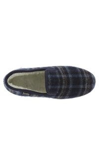 Zapatillas de lana color navy con un diseño de cuadros en azul y marrón, que cuentan con un interior suave y esponjoso y una suela acolchada para mayor comodidad.
