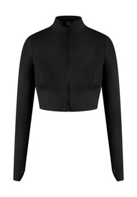 Veste noire crop zippée avec manches longues, fabriquée en tissu lisse. Elle présente un col montant et un design minimaliste sans motifs.