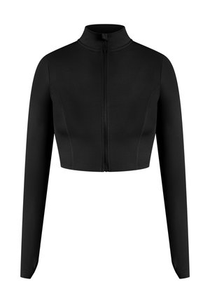 Zwarte korte zip-up jas met lange mouwen, gemaakt van een gladde stof. Heeft een hoge kraag en een minimalistisch ontwerp zonder patronen.