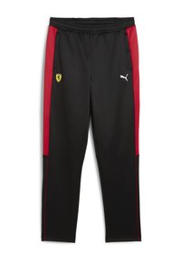 Schwarze Sporthose mit roten seitlichen Akzenten, elastischem Bund und Ferrari-Logo; aus weichem, leichtem Material gefertigt.