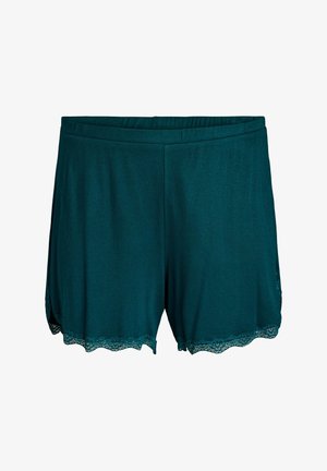 Vihreänsiniset puuvillashortsit, joissa on ribbineulos ja pitsireunus lahkeiden helmassa. Mukavuutta lisäävä joustava vyötärönauha.