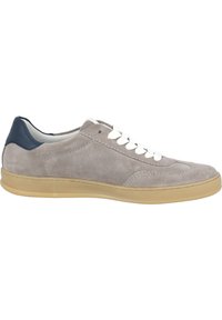 Suede sneakers in light gray with a navy heel cap, white laces, and a rubber sole. Features stitching details on the upper.