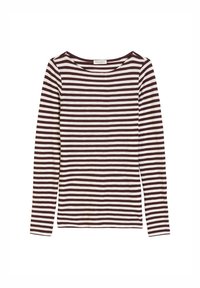 Długi rękaw top z dekoltem w łódki. Zawiera naprzemienne ciemno brązowe i białe paski. Miękka tkanina z lekkim streczem i standardowym krojem.