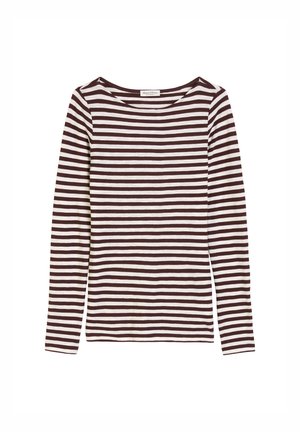 Langarmshirt mit Bootsausschnitt. Mit wechselnden dunkelbraunen und weißen Streifen. Weicher Stoff mit leichtem Stretch und normaler Passform.