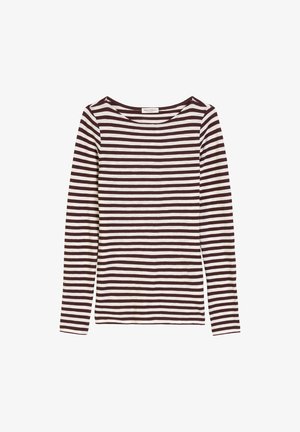 Langarmshirt mit Bootsausschnitt. Mit wechselnden dunkelbraunen und weißen Streifen. Weicher Stoff mit leichtem Stretch und normaler Passform.