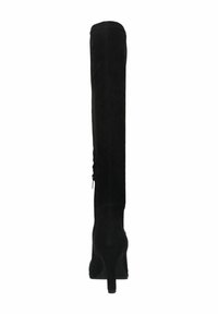 Black over-the-knee boots made of suede. Features a slim shape, pointed toe, and a small, tapered heel. Includes a side zipper detail.