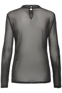 Haut noir transparent à manches longues avec un léger éclat, petite ouverture clé dans le dos et fermeture par bouton au niveau du col.