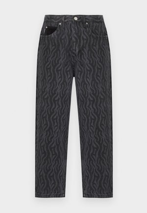 Black high-waisted jeans with a subtle wavy abstract pattern, front pockets, belt loops, and a button closure.