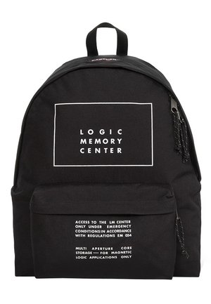 Black backpack with white text "LOGIC MEMORY CENTER" in a rectangular outline and additional small white text on front pocket.