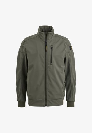 Olive green jacket with high collar, front zipper, chest pocket, and elastic cuffs. Soft fabric with a smooth texture and minimal design details.