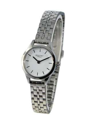 Montre-bracelet en métal argenté avec cadran blanc, aiguilles des heures et des minutes noires, repères horaires noirs et nom de la marque "REGENT" sur le cadran.